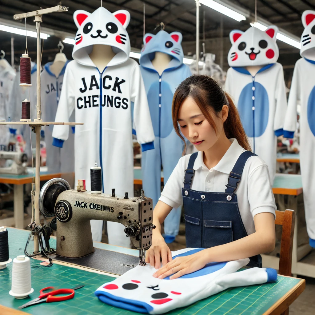 DALL·E 2025-03-13 17.44.32 - A factory workshop producing kigurumi onesies pajamas. An Asian female worker, wearing a work uniform, is sewing at a sewing machine. The company logo
